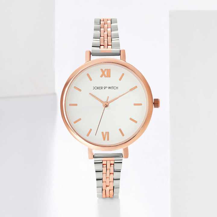 Agnes White Large Dial Dual Tone Linked Chain Strap Women's Watch