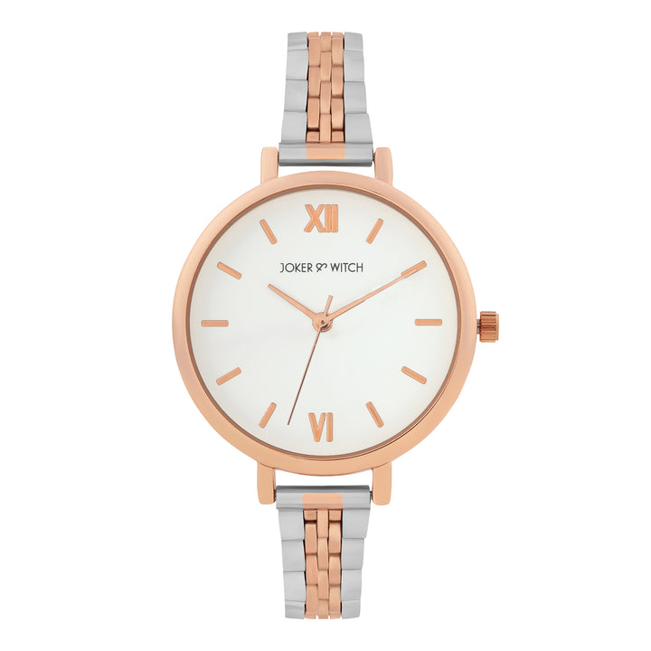 Agnes White Large Dial Dual Tone Linked Chain Strap Women's Watch