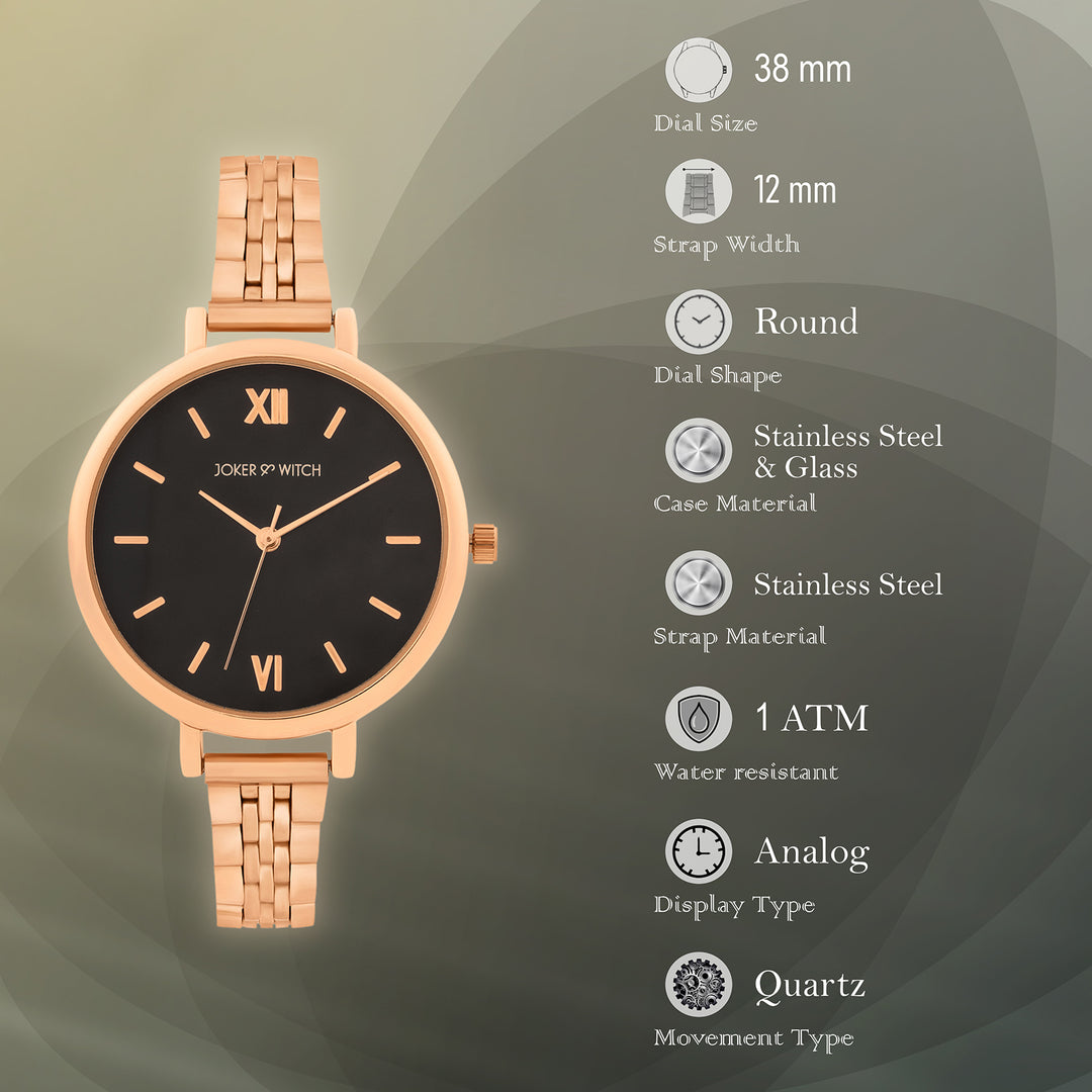 Agnes Black Large Dial Rose Gold Linked Chain Strap Women's Watch