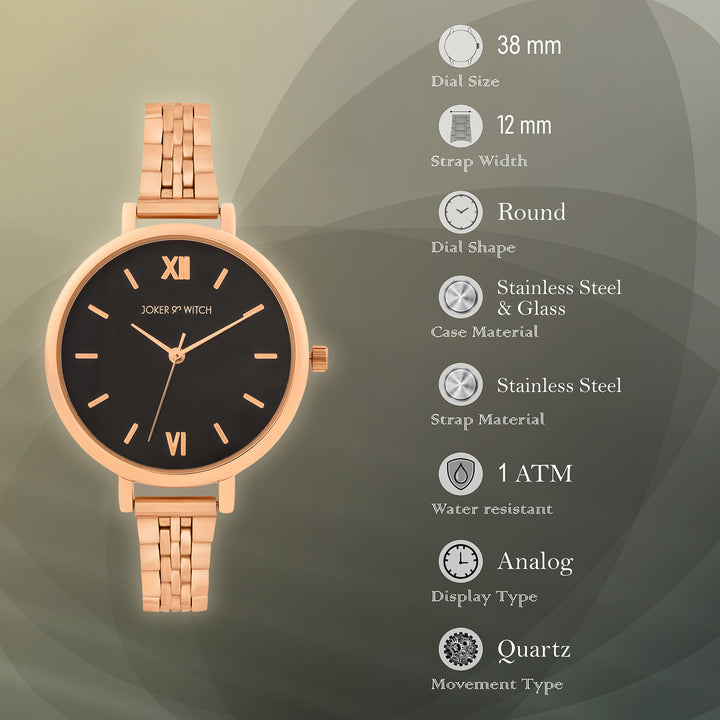 Agnes Black Large Dial Rose Gold Linked Chain Strap Women's Watch