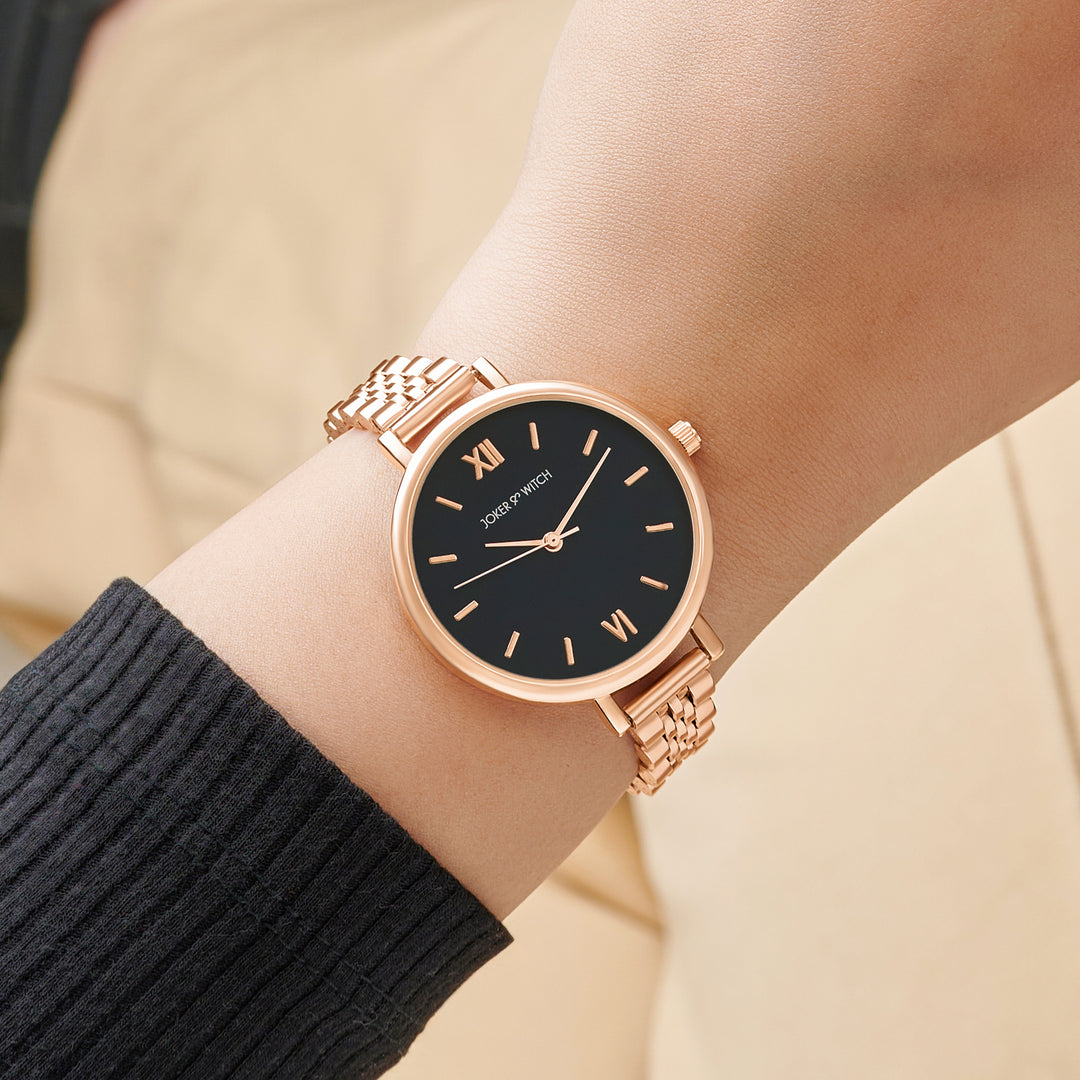 Agnes Black Large Dial Rose Gold Linked Chain Strap Women's Watch