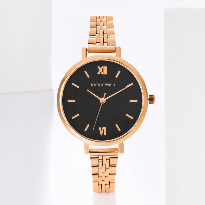 Agnes Black Large Dial Rose Gold Linked Chain Strap Women's Watch