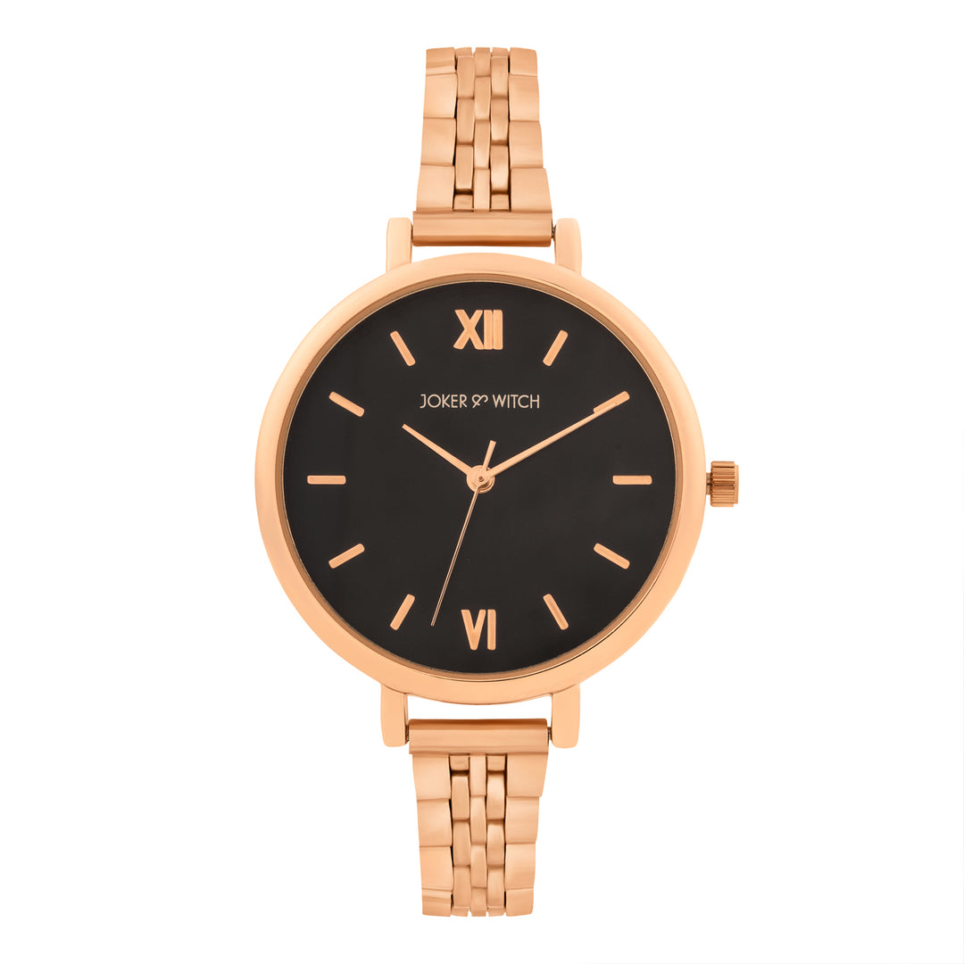 Agnes Black Large Dial Rose Gold Linked Chain Strap Women's Watch