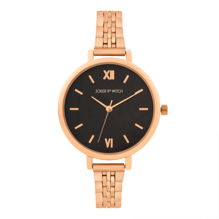 Agnes Black Large Dial Rose Gold Linked Chain Strap Women's Watch