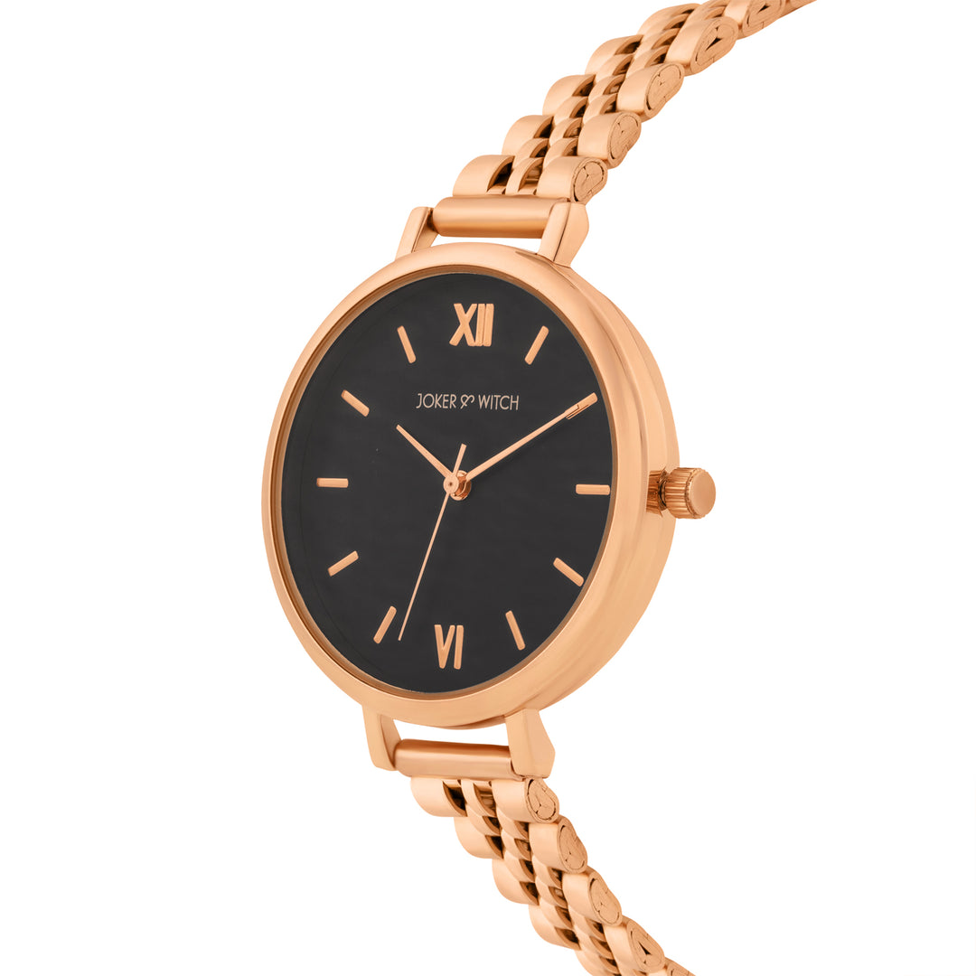 Agnes Black Large Dial Rose Gold Linked Chain Strap Women's Watch