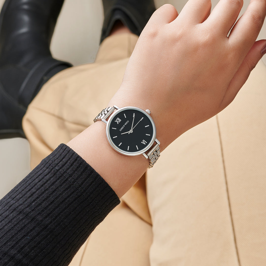 Agnes Black Large Dial Silver Linked Chain Strap Women's Watch