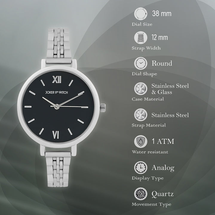 Agnes Black Large Dial Silver Linked Chain Strap Women's Watch