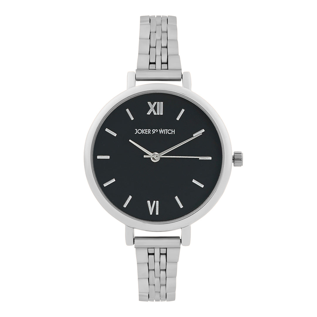 Agnes Black Large Dial Silver Linked Chain Strap Women's Watch