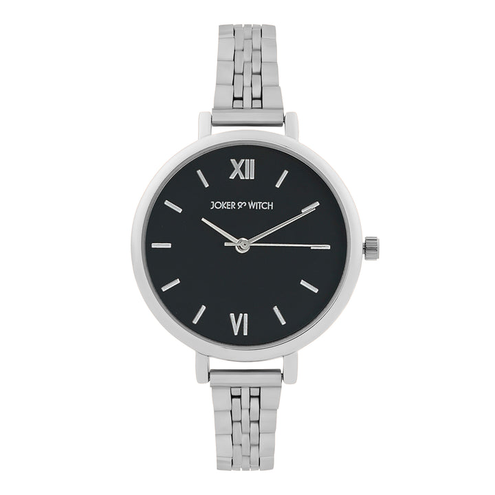 Agnes Black Large Dial Silver Linked Chain Strap Women's Watch