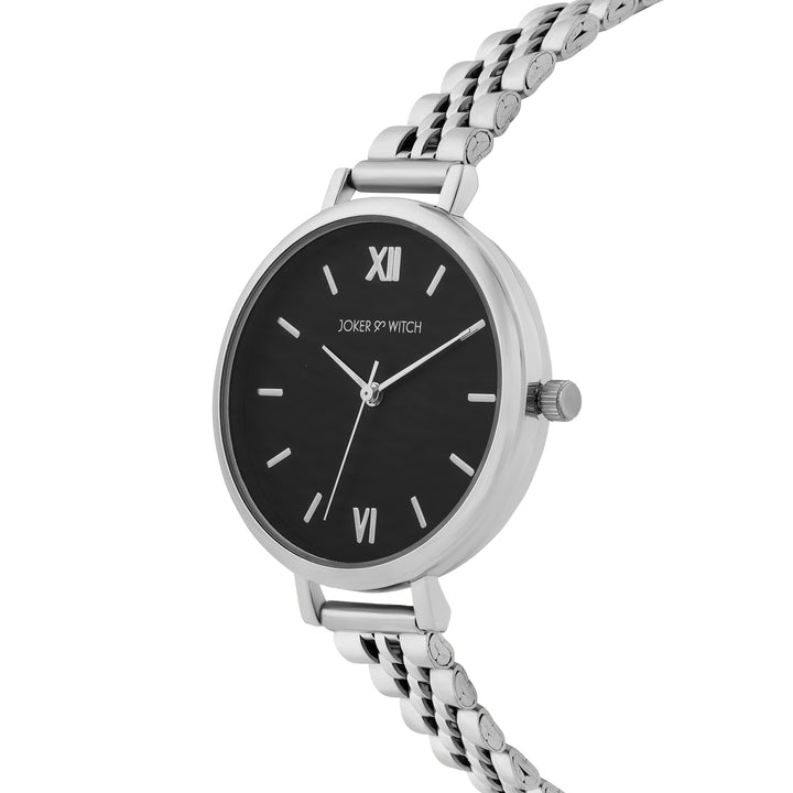 Agnes Black Large Dial Silver Linked Chain Strap Women's Watch