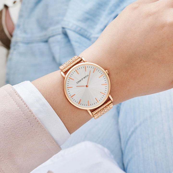 Aimee Beige Large Dial Rose Gold Linked Chain Strap Women's Watch