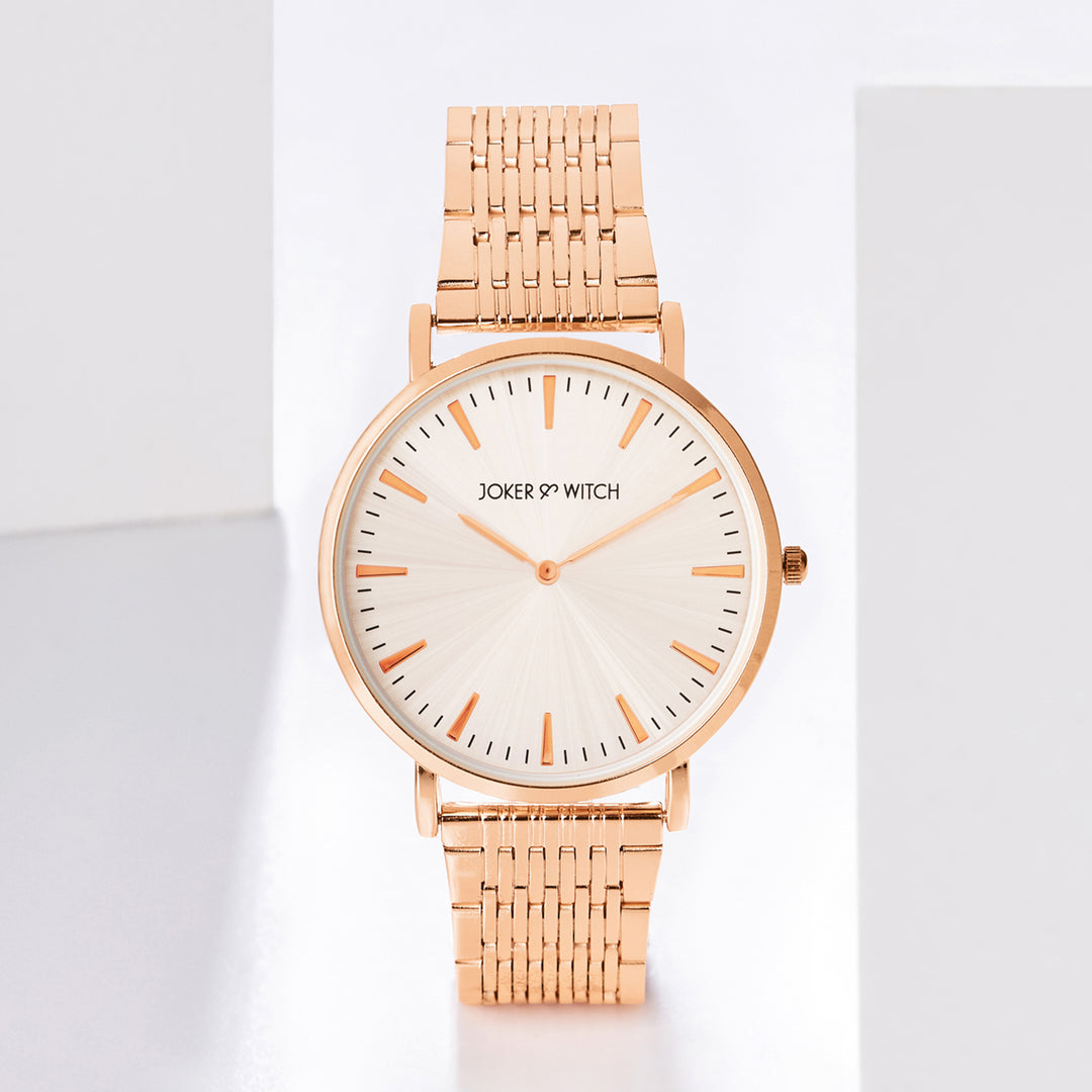 Aimee Beige Large Dial Rose Gold Linked Chain Strap Women's Watch