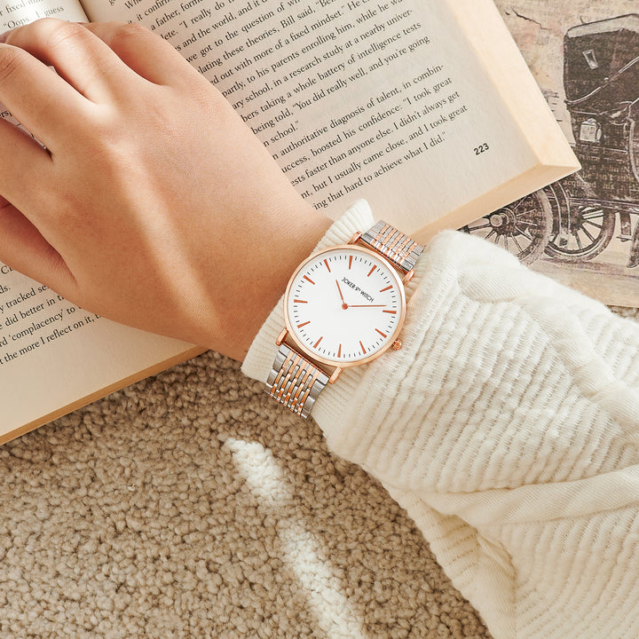 Aimee White Large Dial Dual Tone Linked Chain Strap Women's Watch