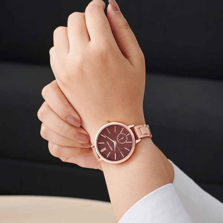 Sleek Maroon Large Dial Rose Gold Linked Chain Strap Women's Watch