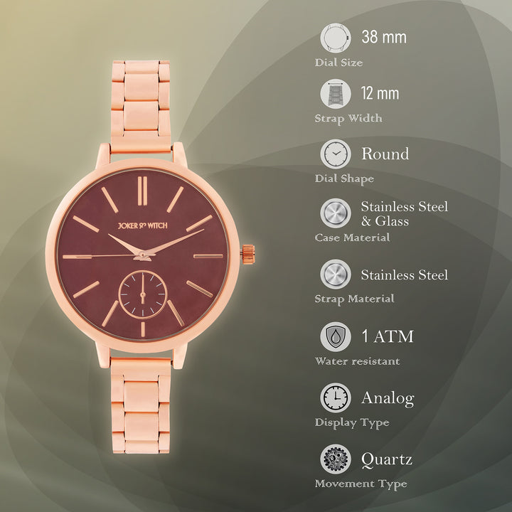 Sleek Maroon Large Dial Rose Gold Linked Chain Strap Women's Watch
