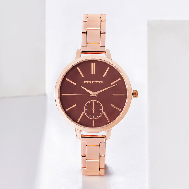Sleek Maroon Large Dial Rose Gold Linked Chain Strap Women's Watch