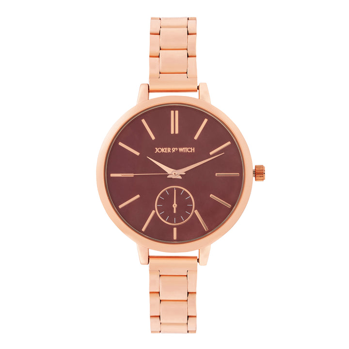 Sleek Maroon Large Dial Rose Gold Linked Chain Strap Women's Watch