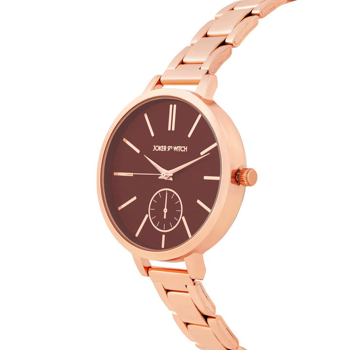 Sleek Maroon Large Dial Rose Gold Linked Chain Strap Women's Watch