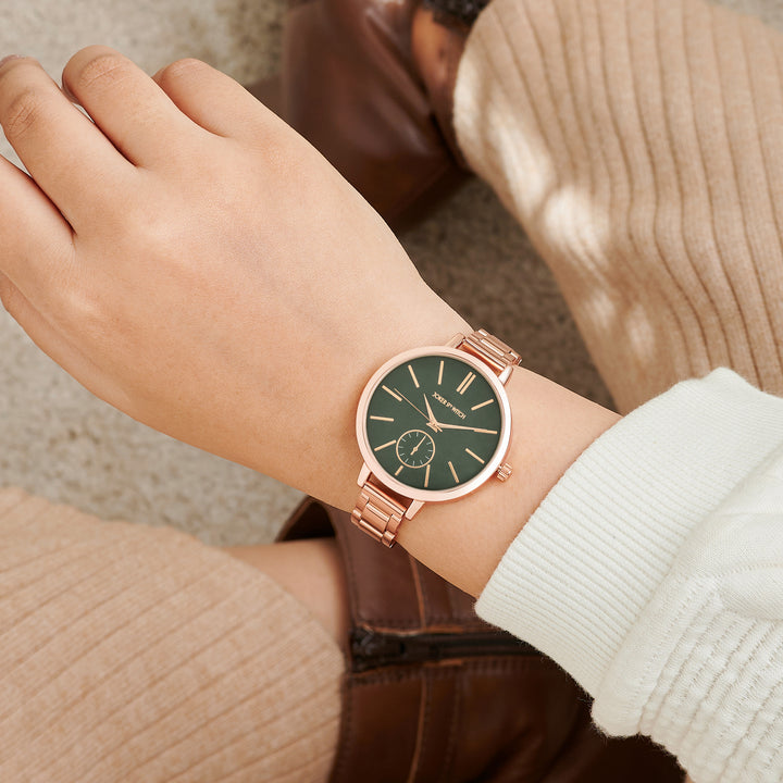 Sleek Green Large Dial Rose Gold Linked Chain Strap Women's Watch