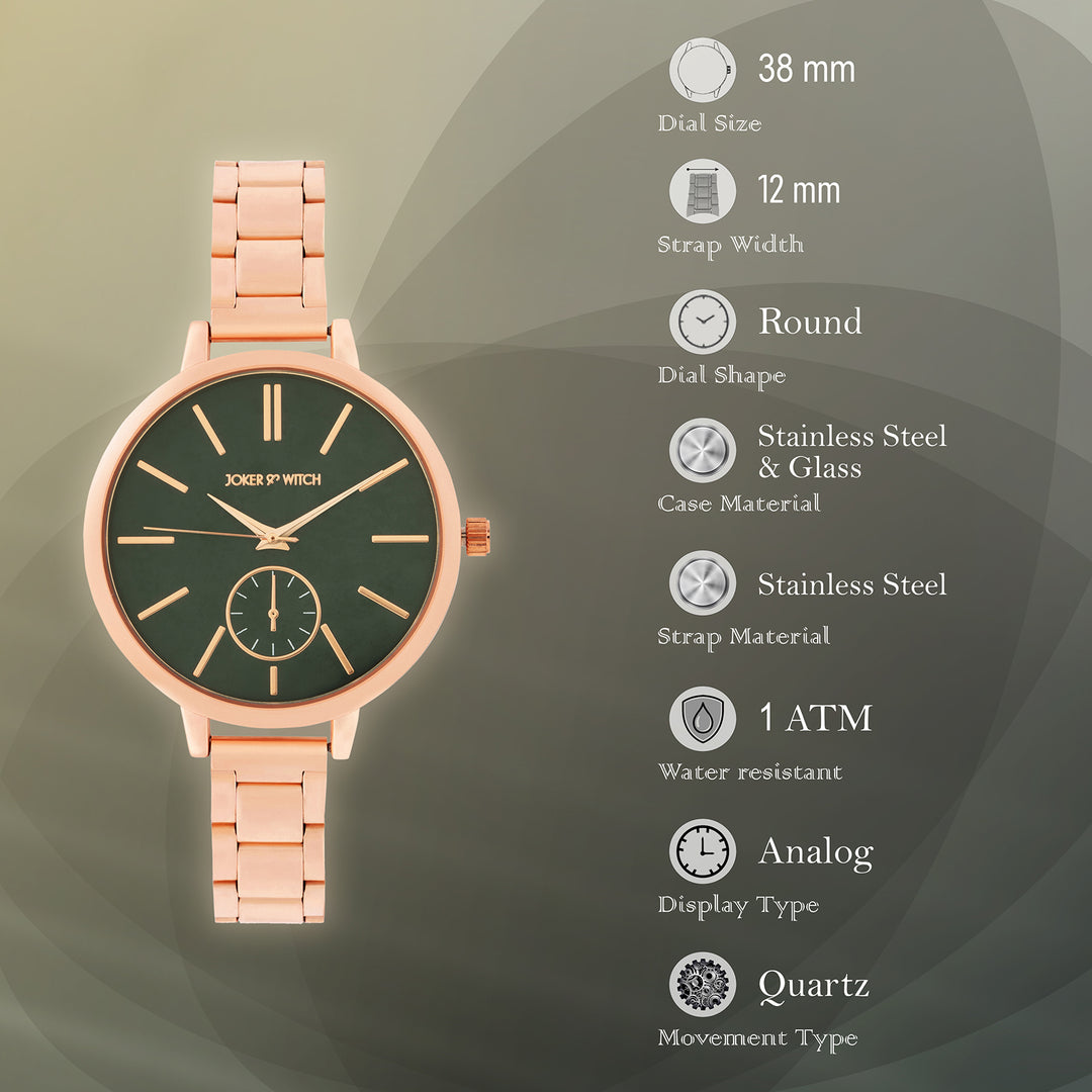 Sleek Green Large Dial Rose Gold Linked Chain Strap Women's Watch