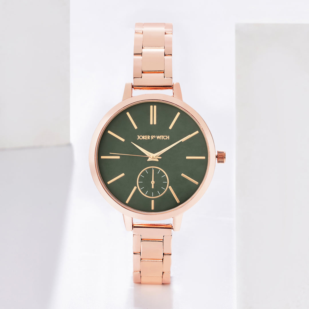 Sleek Green Large Dial Rose Gold Linked Chain Strap Women's Watch