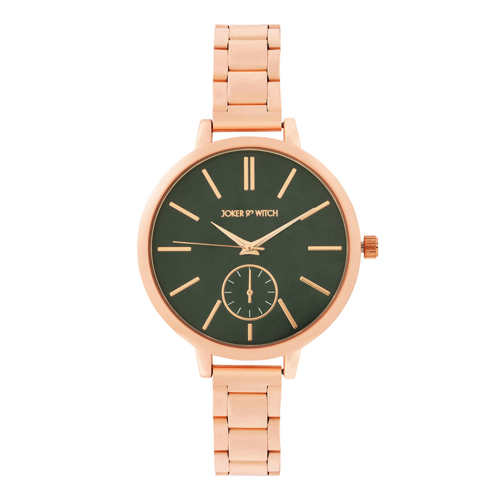 Sleek Green Large Dial Rose Gold Linked Chain Strap Women's Watch