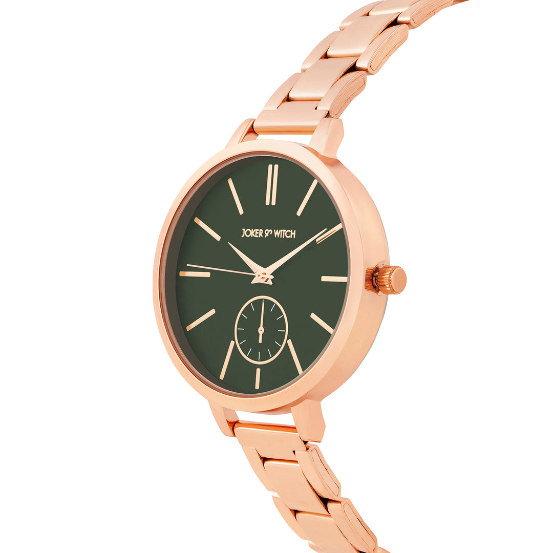 Sleek Green Large Dial Rose Gold Linked Chain Strap Women's Watch