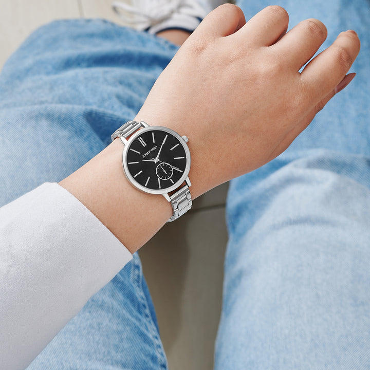 Sleek Black Large Dial Silver Linked Chain Strap Women's Watch