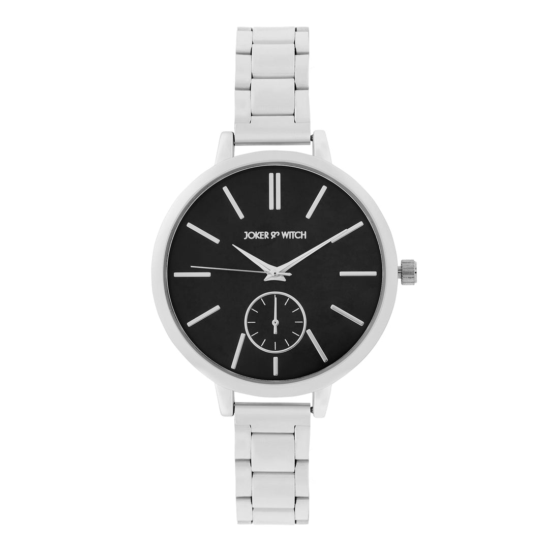 Sleek Black Large Dial Silver Linked Chain Strap Women's Watch