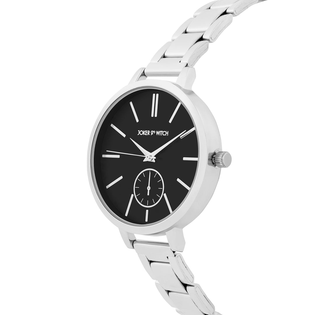 Sleek Black Large Dial Silver Linked Chain Strap Women's Watch