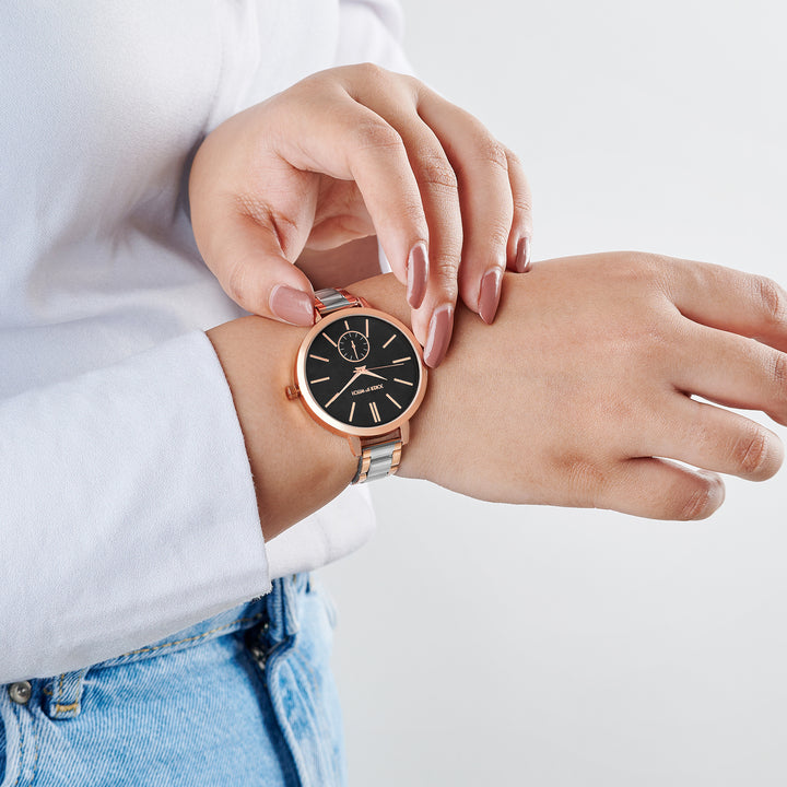 Sleek Black Large Dial Dual Tone Linked Chain Strap Women's Watch