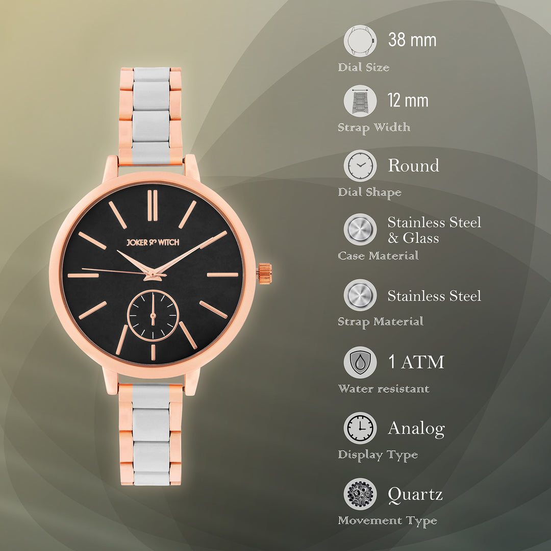 Sleek Black Large Dial Dual Tone Linked Chain Strap Women's Watch