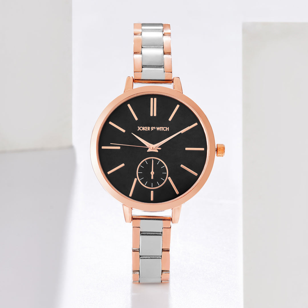 Sleek Black Large Dial Dual Tone Linked Chain Strap Women's Watch