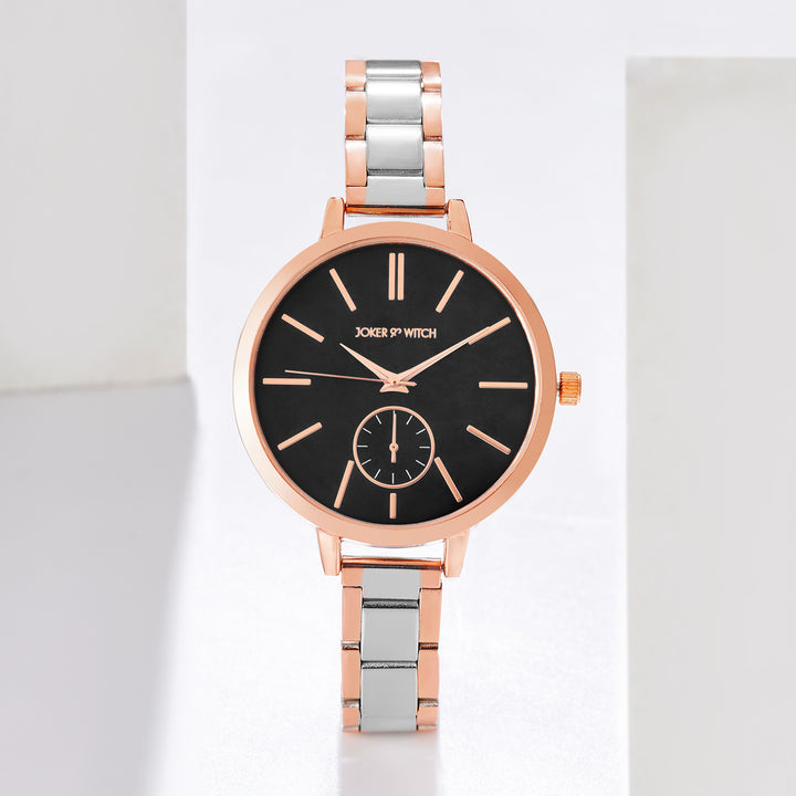 Sleek Black Large Dial Dual Tone Linked Chain Strap Women's Watch