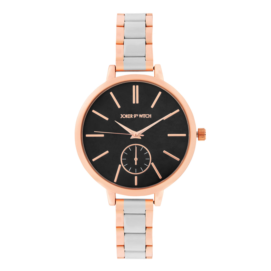 Sleek Black Large Dial Dual Tone Linked Chain Strap Women's Watch