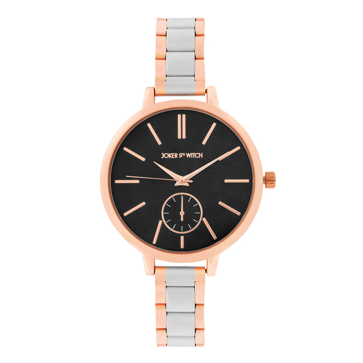 Sleek Black Large Dial Dual Tone Linked Chain Strap Women's Watch