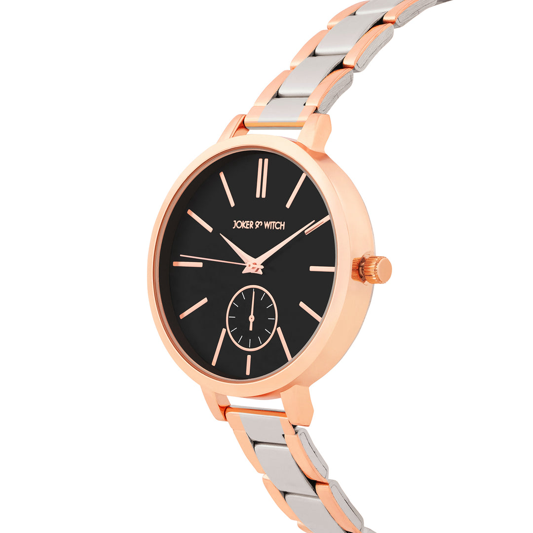 Sleek Black Large Dial Dual Tone Linked Chain Strap Women's Watch