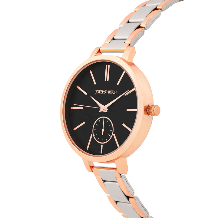 Sleek Black Large Dial Dual Tone Linked Chain Strap Women's Watch