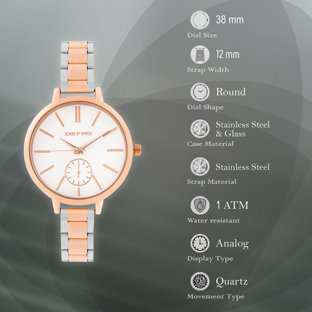 Sleek White Large Dial Dual Tone Linked Chain Strap Women's Watch