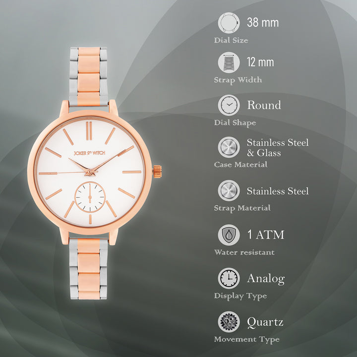 Sleek White Large Dial Dual Tone Linked Chain Strap Women's Watch