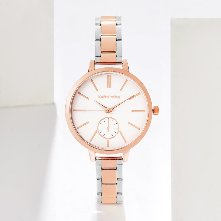 Sleek White Large Dial Dual Tone Linked Chain Strap Women's Watch