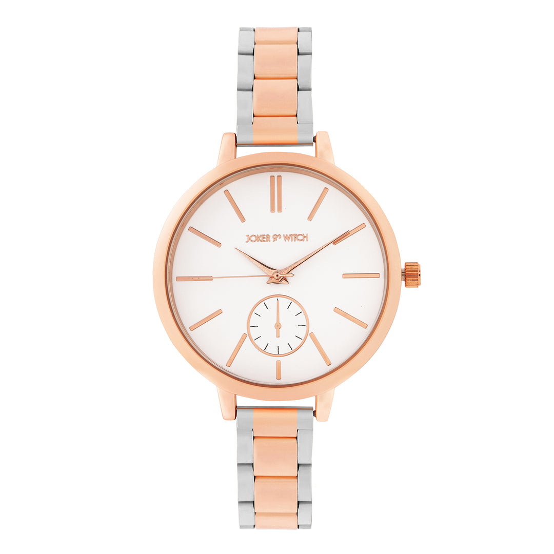 Sleek White Large Dial Dual Tone Linked Chain Strap Women's Watch