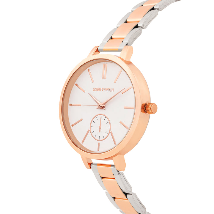 Sleek White Large Dial Dual Tone Linked Chain Strap Women's Watch