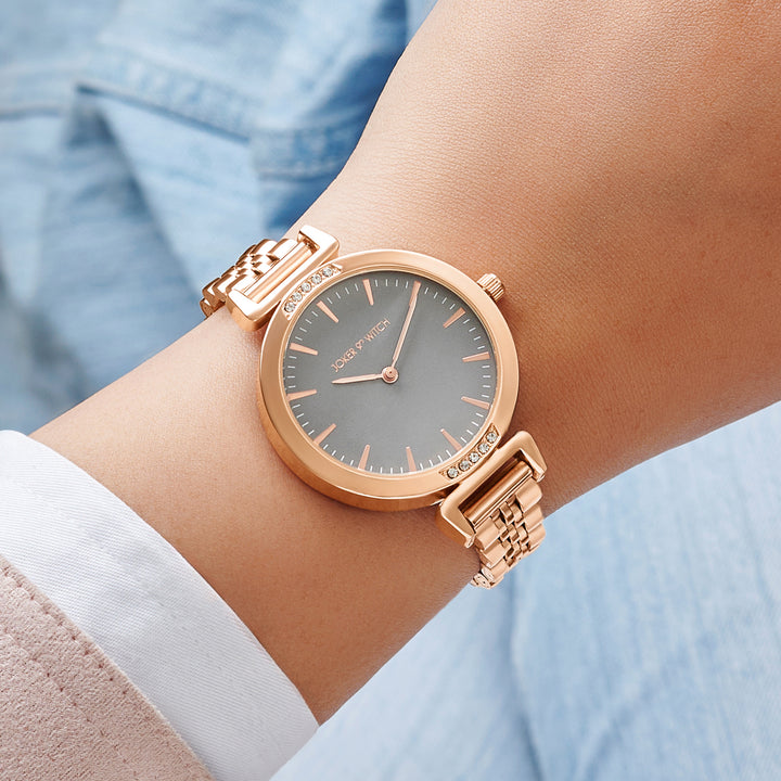 Petite Grey Medium Dial Rose Gold Linked Chain Strap Women's Watch