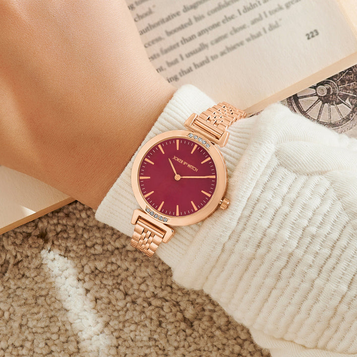 Petite Maroon Medium Dial Rose Gold Linked Chain Strap Women's Watch