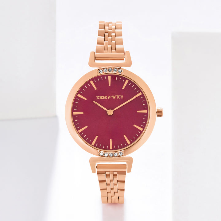 Petite Maroon Medium Dial Rose Gold Linked Chain Strap Women's Watch
