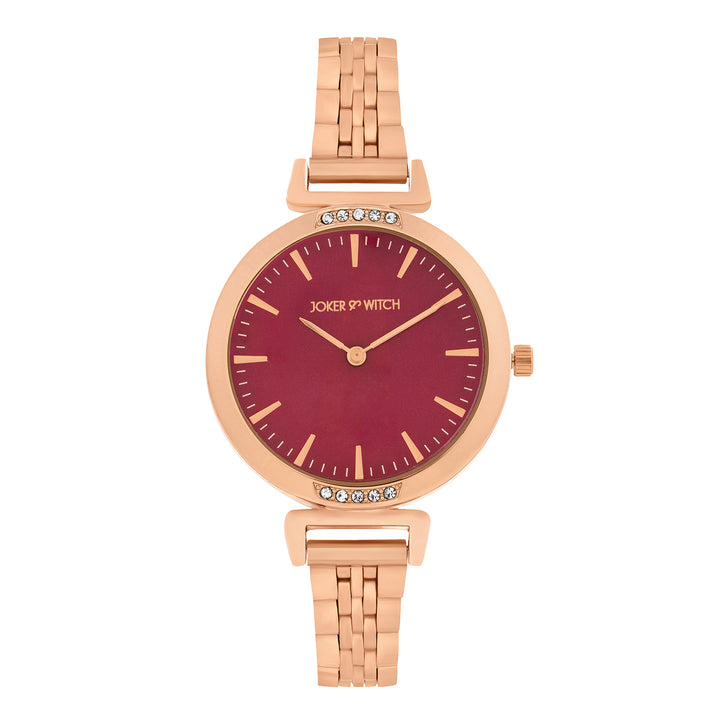 Petite Maroon Medium Dial Rose Gold Linked Chain Strap Women's Watch