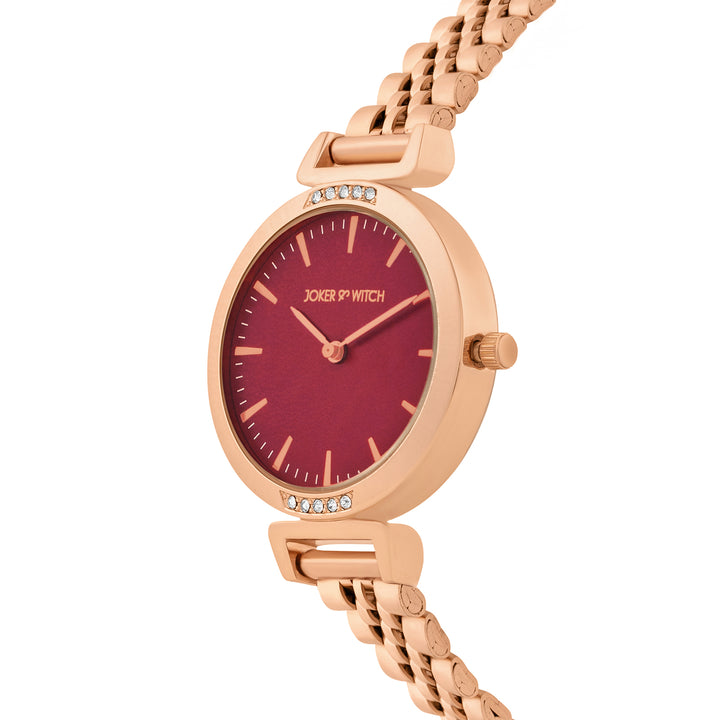 Petite Maroon Medium Dial Rose Gold Linked Chain Strap Women's Watch