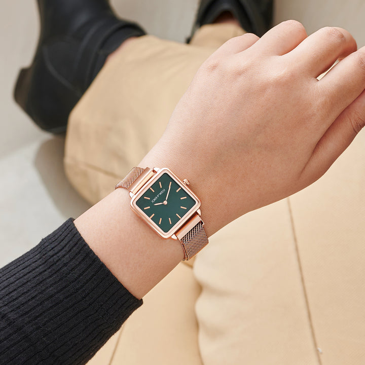 Vintage Green Small Square Dial Rose Gold Magnetic Strap Women's Watch