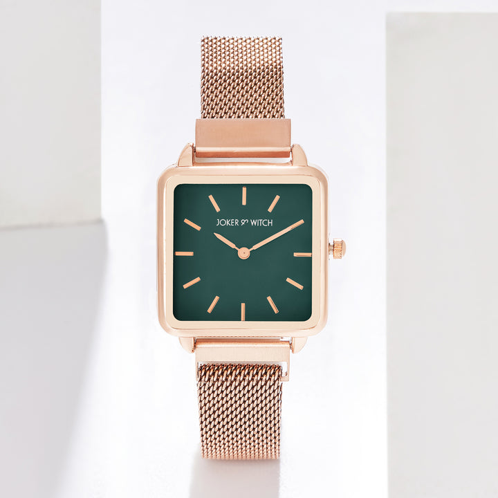 Vintage Green Small Square Dial Rose Gold Magnetic Strap Women's Watch